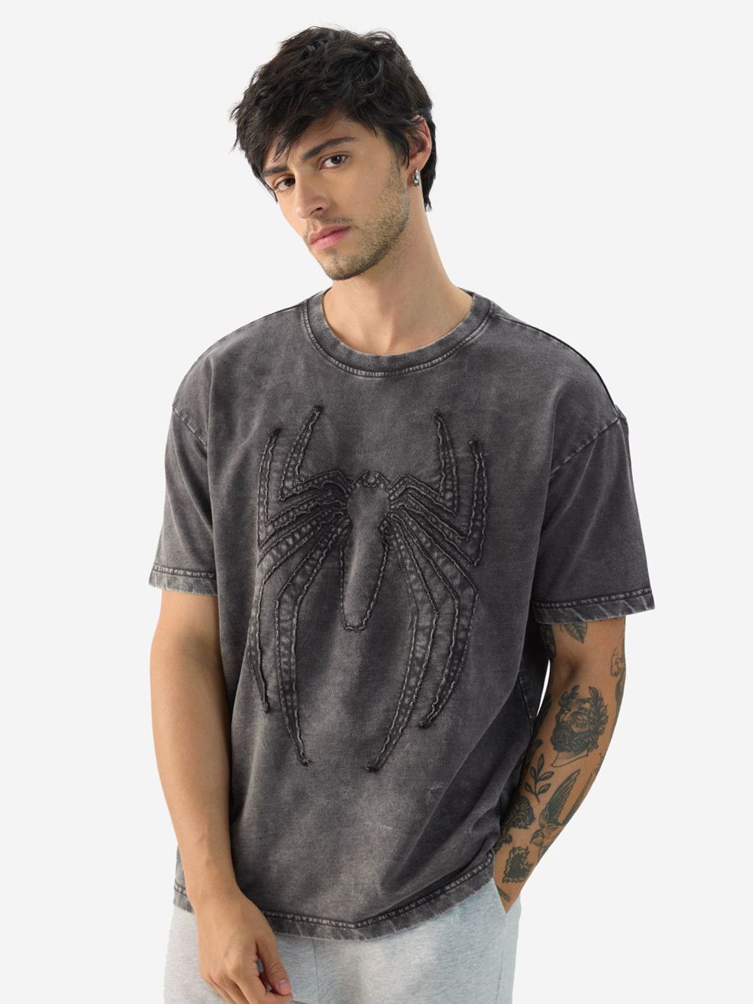 Men Oversized Spider Man Grey Tshirts