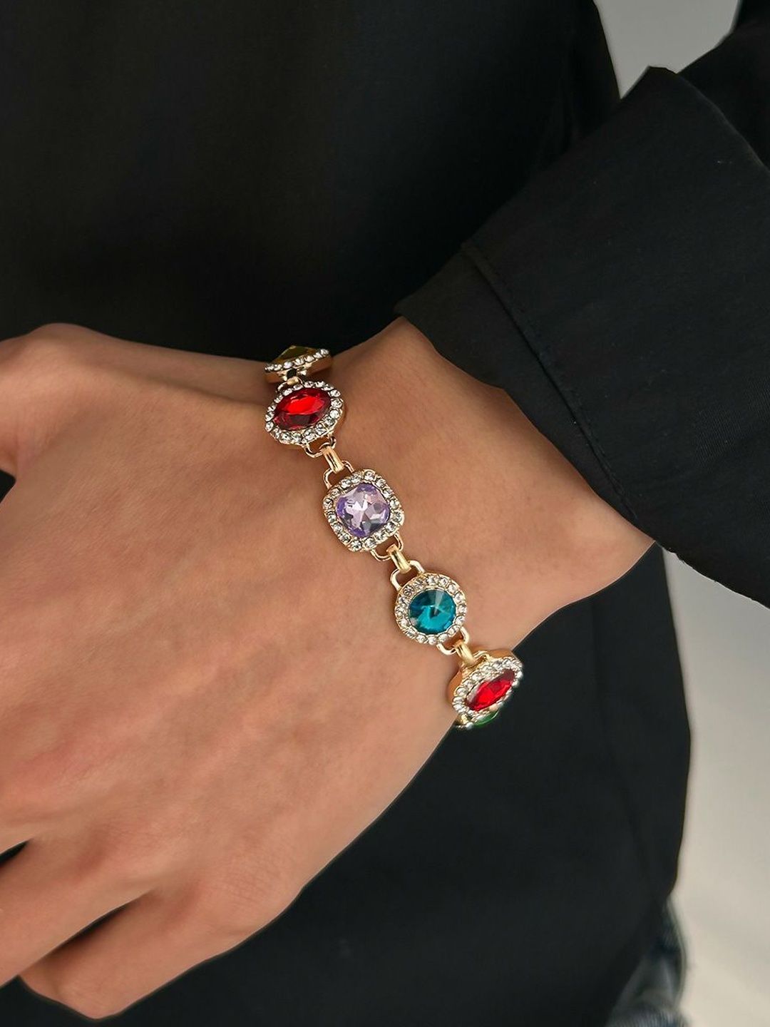 Men Gold-Plated Multicoloured Stone-Studded Link Bracelet