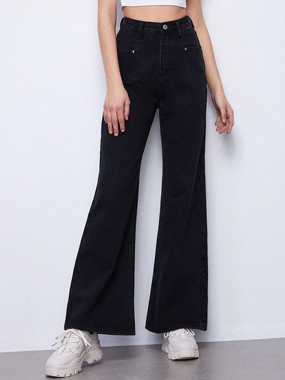 Women Black Jean Flared High-Rise Low Distress Stretchable Jeans