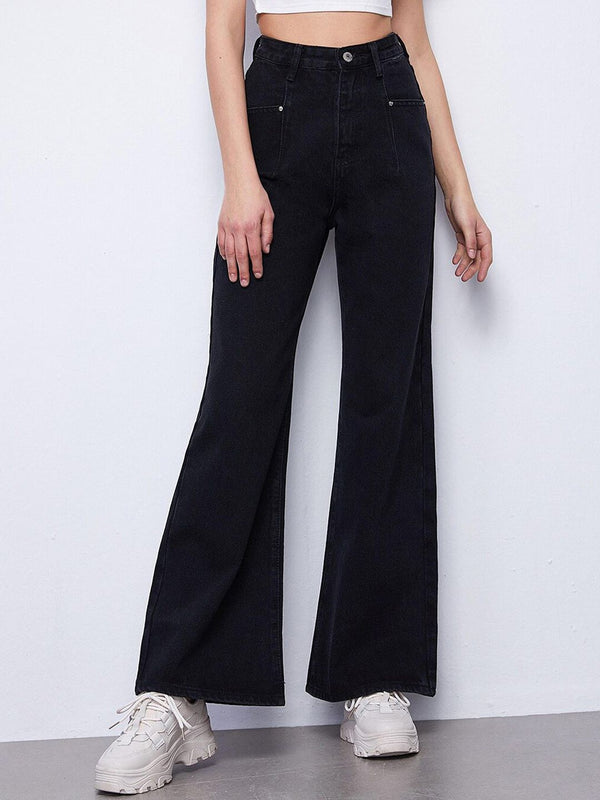 Women Black Jean Flared High-Rise Low Distress Stretchable Jeans