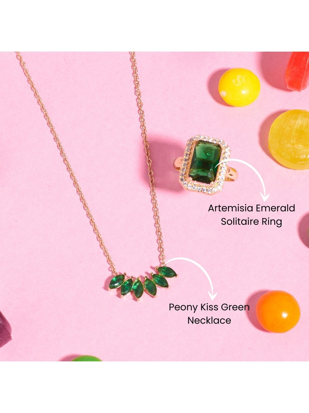SALTY Emerald Stone Studded Julia Roberts Ring & Necklace