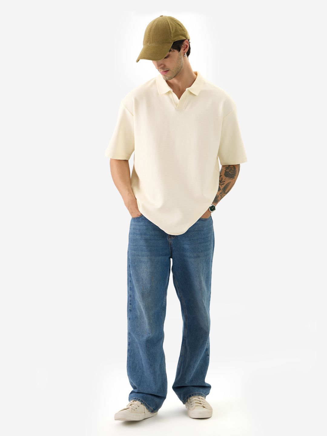 Oversized Solid Off White Polos T-Shirt