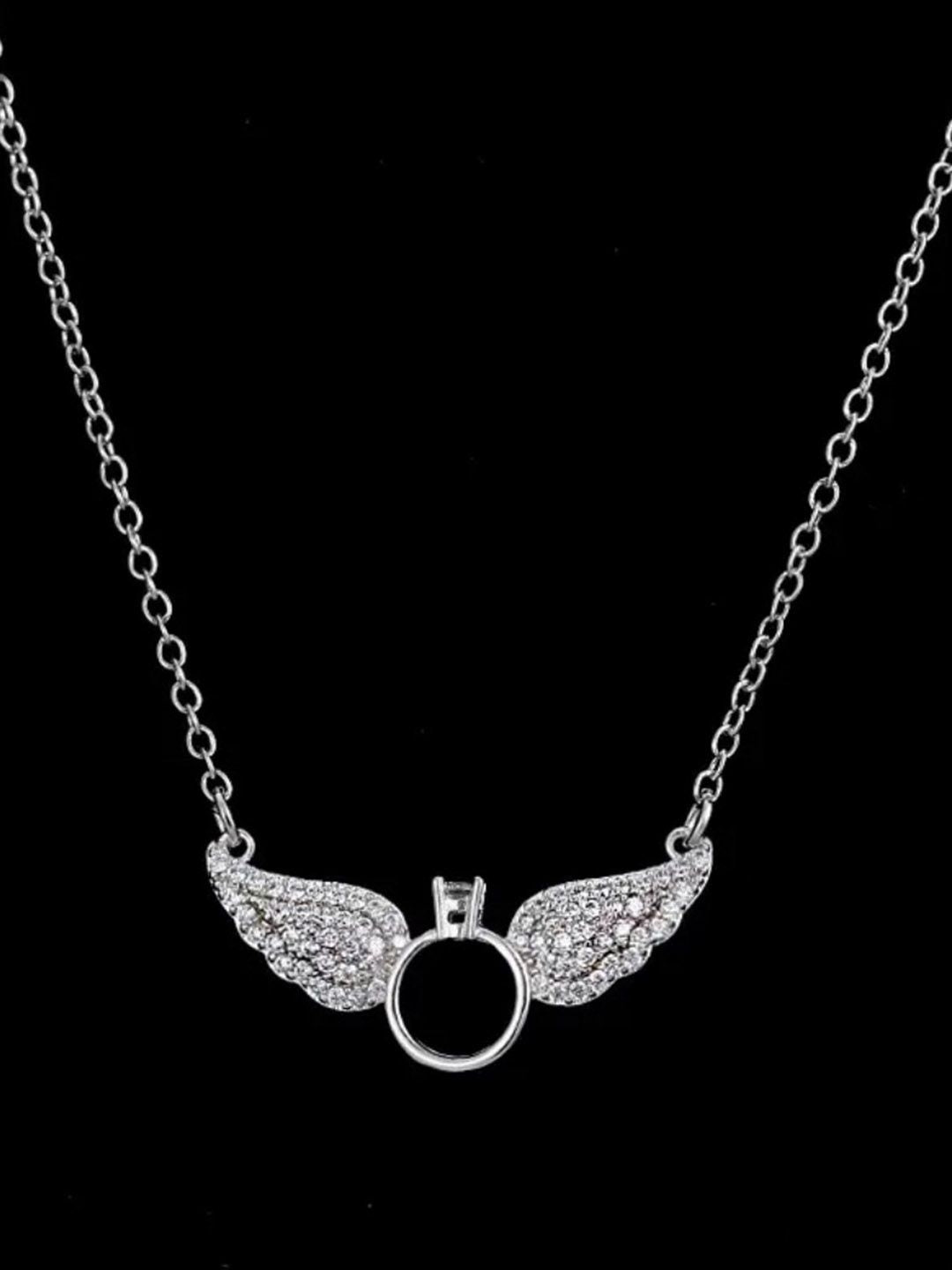 SALTY Stainless Steel Silver Plated Angel Wings Stone Studded Necklace