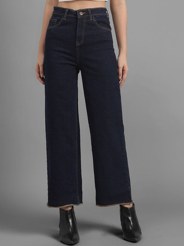 Women Navy Blue Flared High-Rise Clean Look Jeans