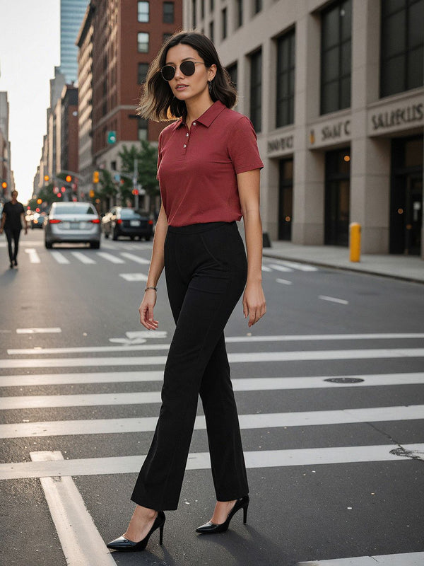 Women Black Tall High Waisted Cotton Flare Pants with Pockets