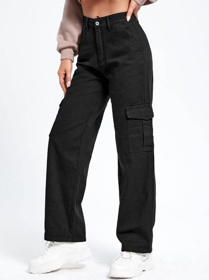 Women Cotton Straight Fit High-Rise Cargo Styles Jeans