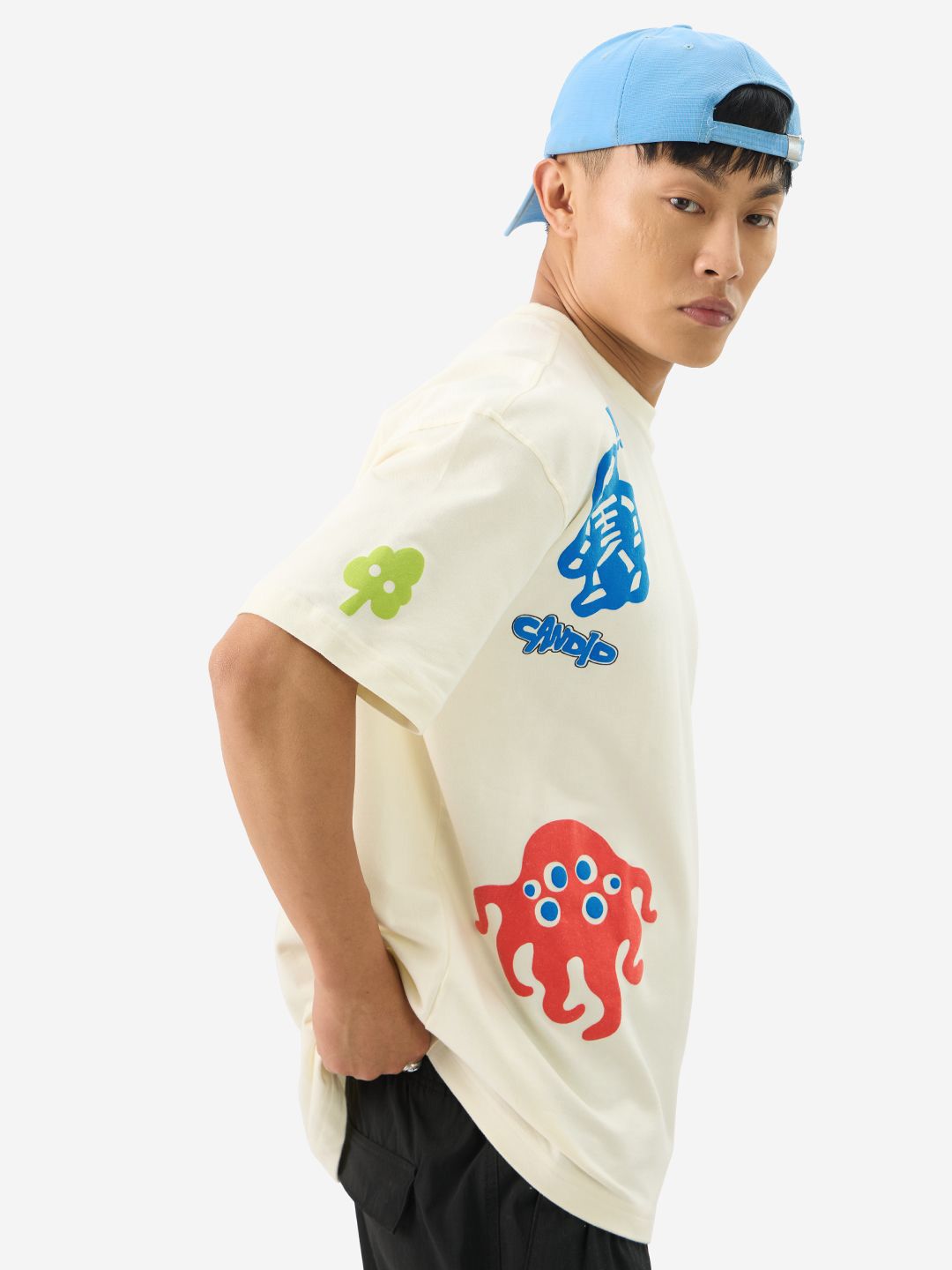 Men Oversized Printed Off White T-Shirts