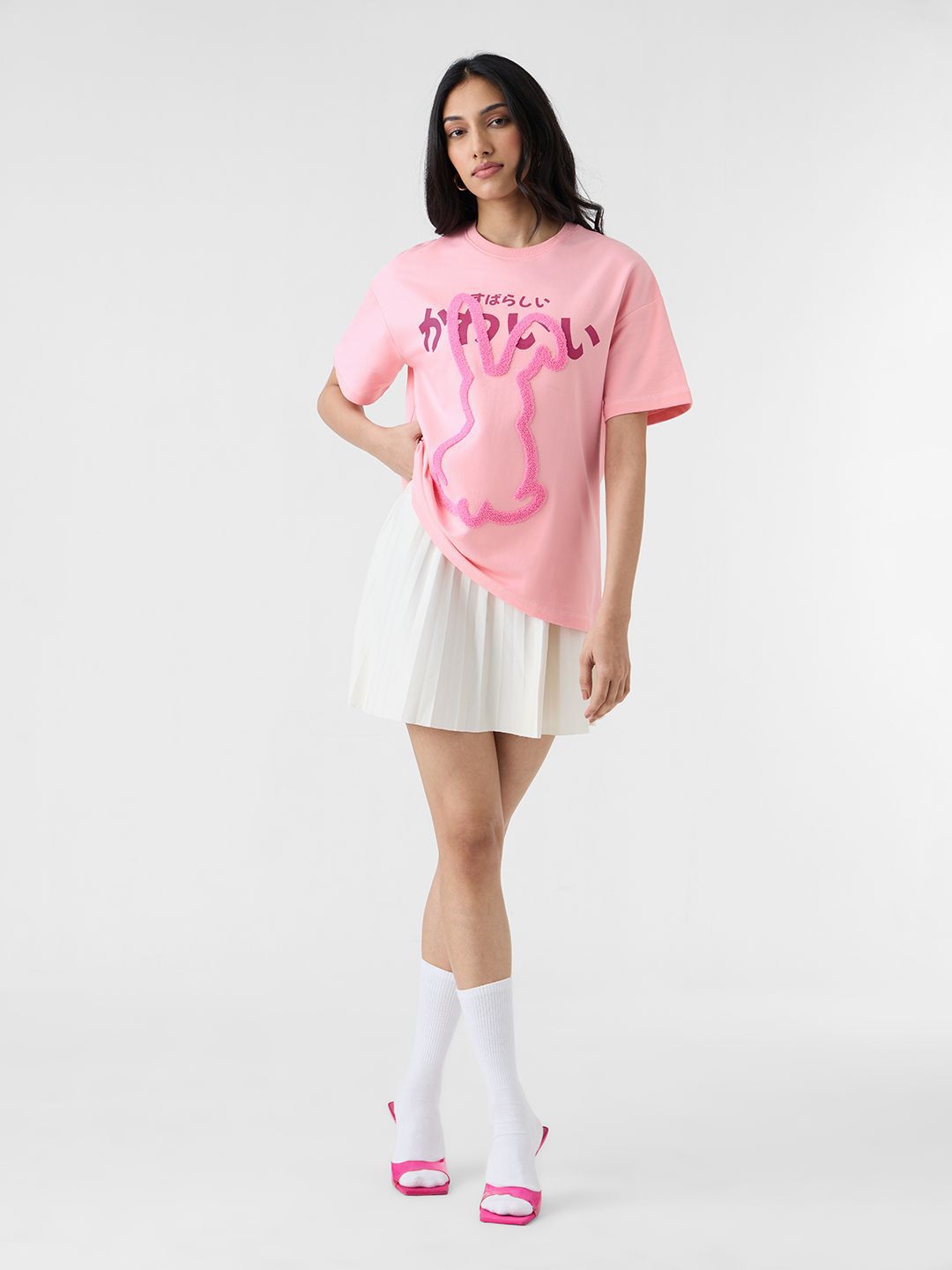 Women Oversized Fit Printed Pink T-Shirts
