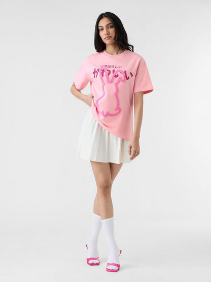 Women Oversized Fit Printed Pink T-Shirts