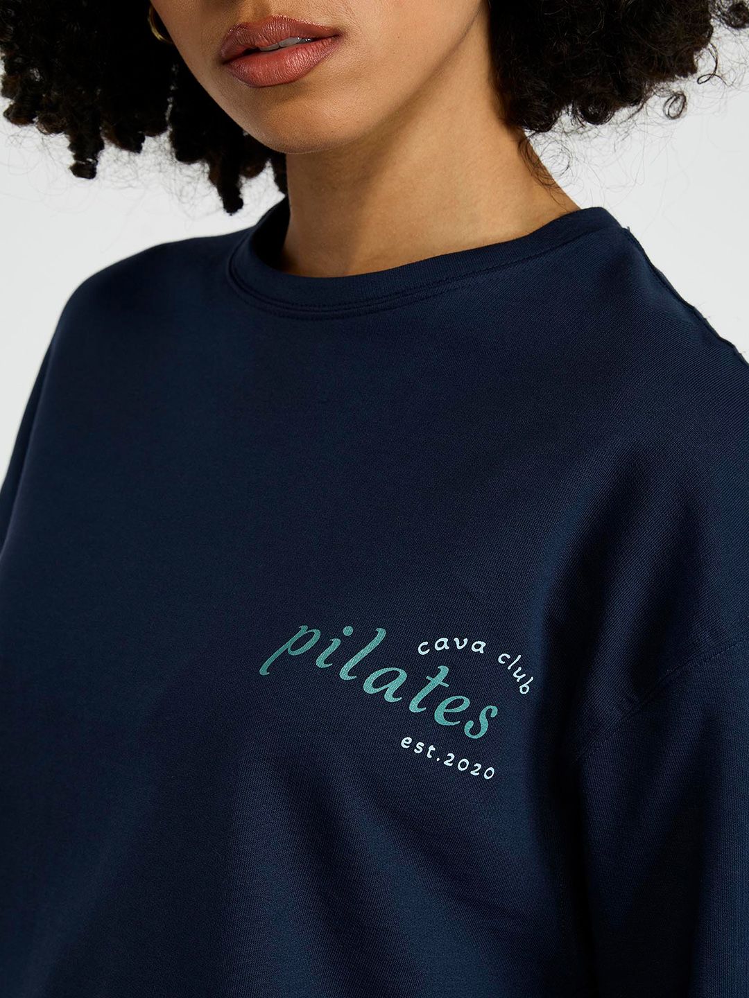 Women Navy Pilates Club Cropped Cotton Sweatshirt with Thumbholes
