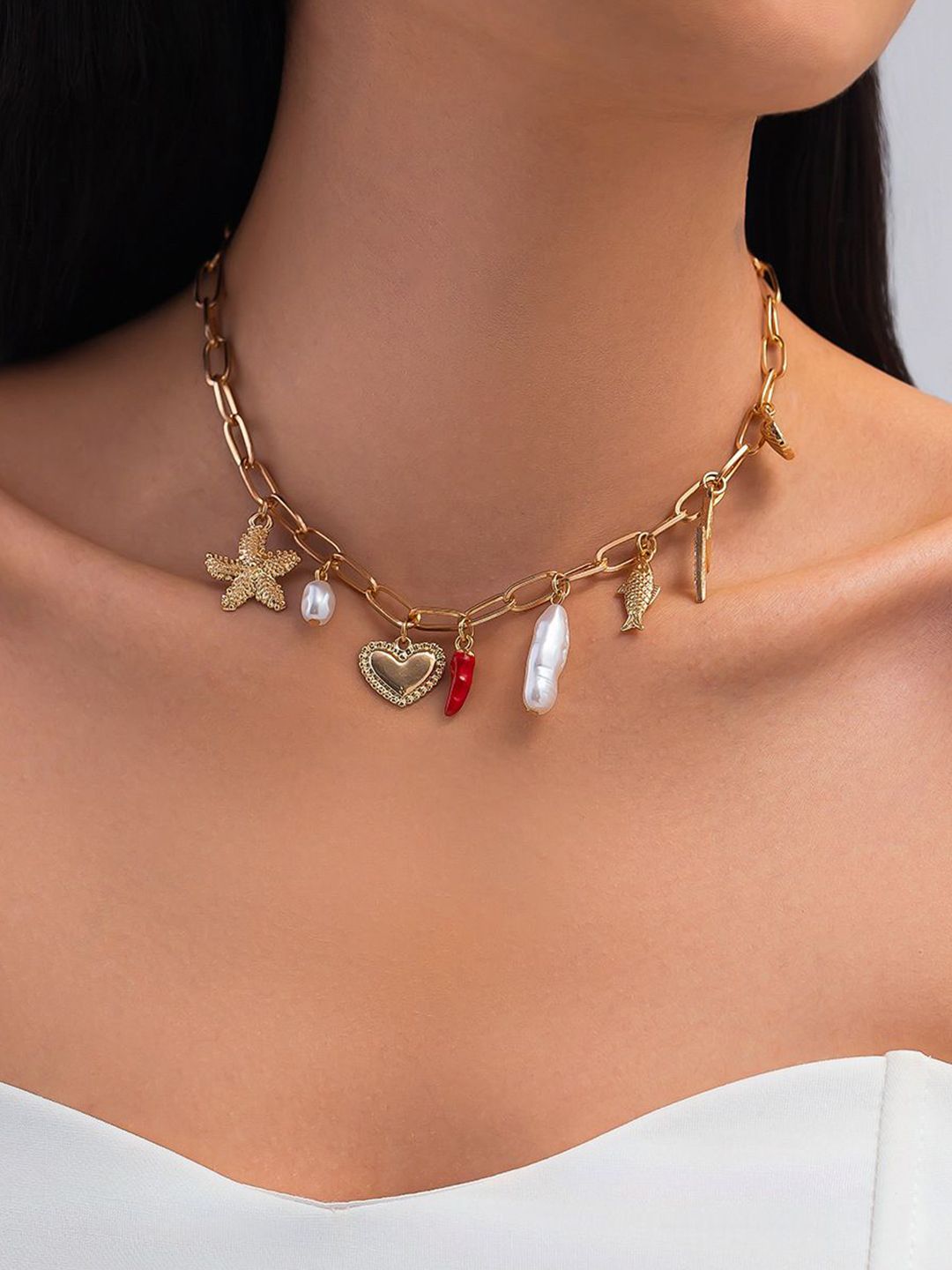 Gold-Plated Artificial Stones Studded & Beaded Statement Link Chain