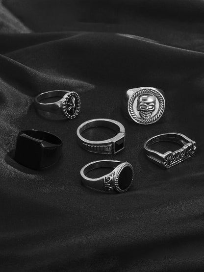 Men Set Of 6 Silver-Plated Stones-Studded Finger Rings