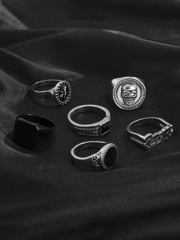 Men Set Of 6 Silver-Plated Stones-Studded Finger Rings
