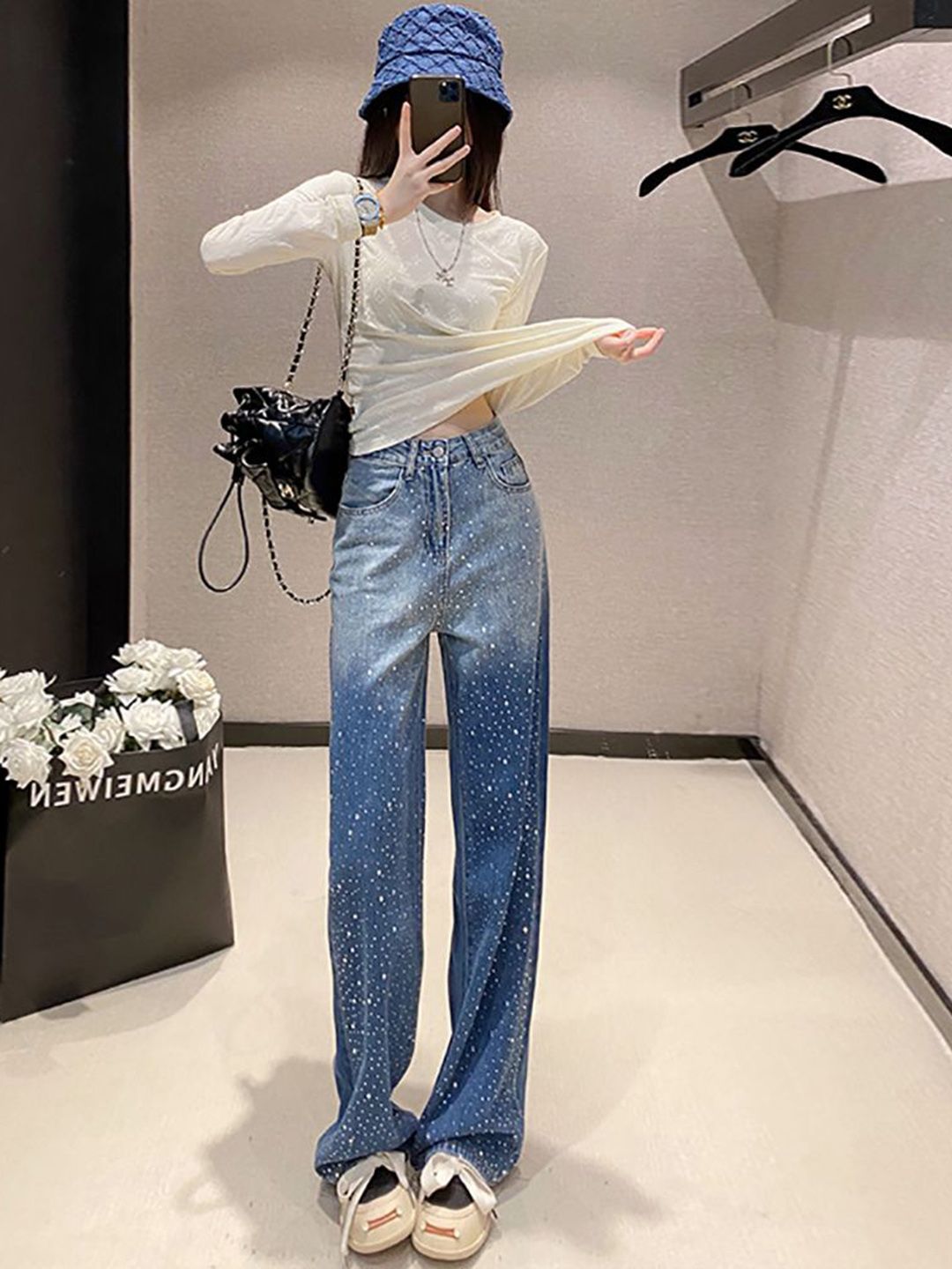 Women Wide Leg Highly Distressed Jeans