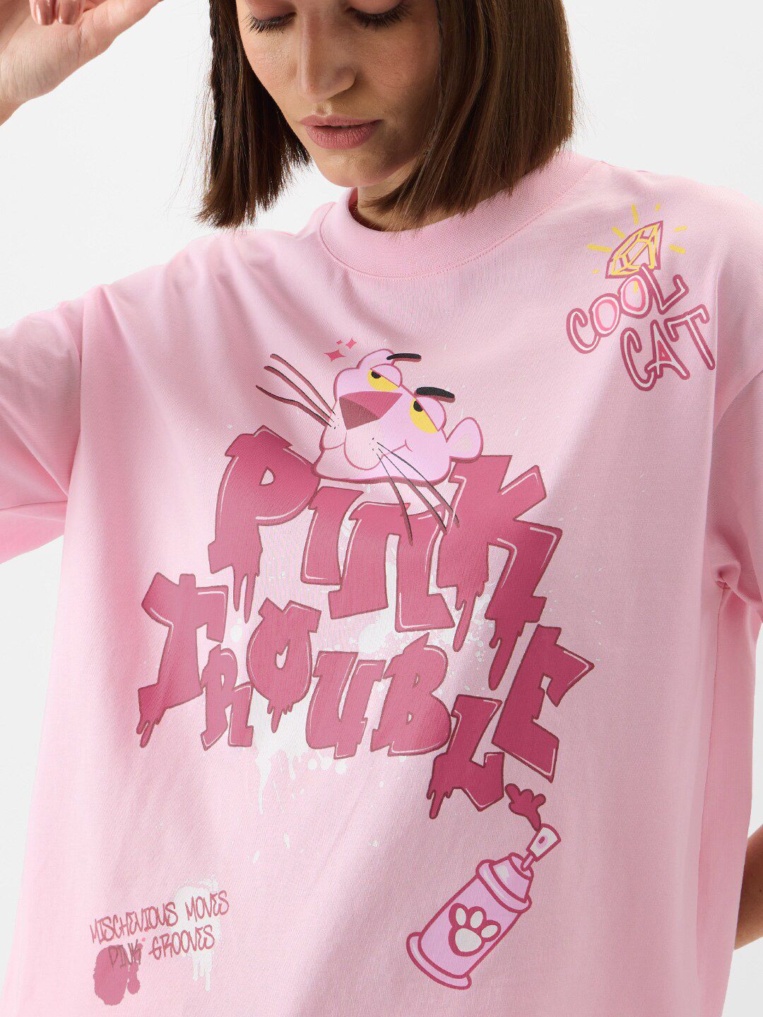 Women Oversized Pink Panther Printed Pink T-Shirts