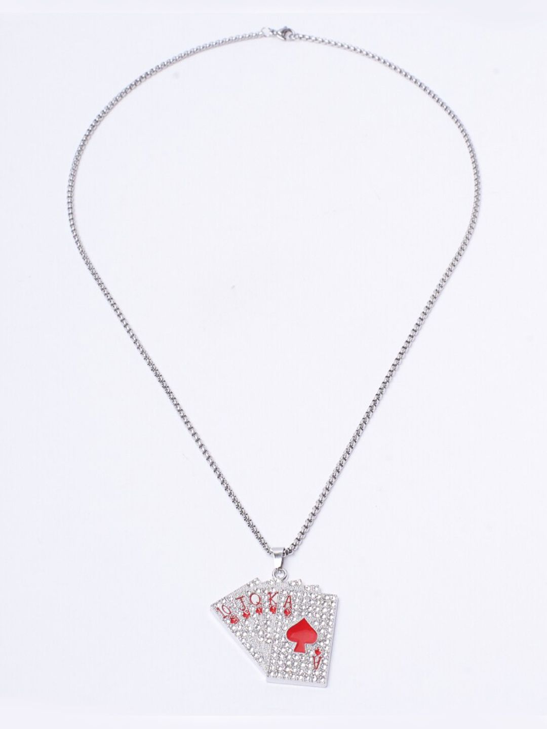 SALTY Men Silver-Plated Stainless Steel Stones Studded Pip Cards Pendant & Chain