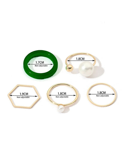SALTY Set Of 5 Emerald Pearl Stylish Adjustable Finger Ring