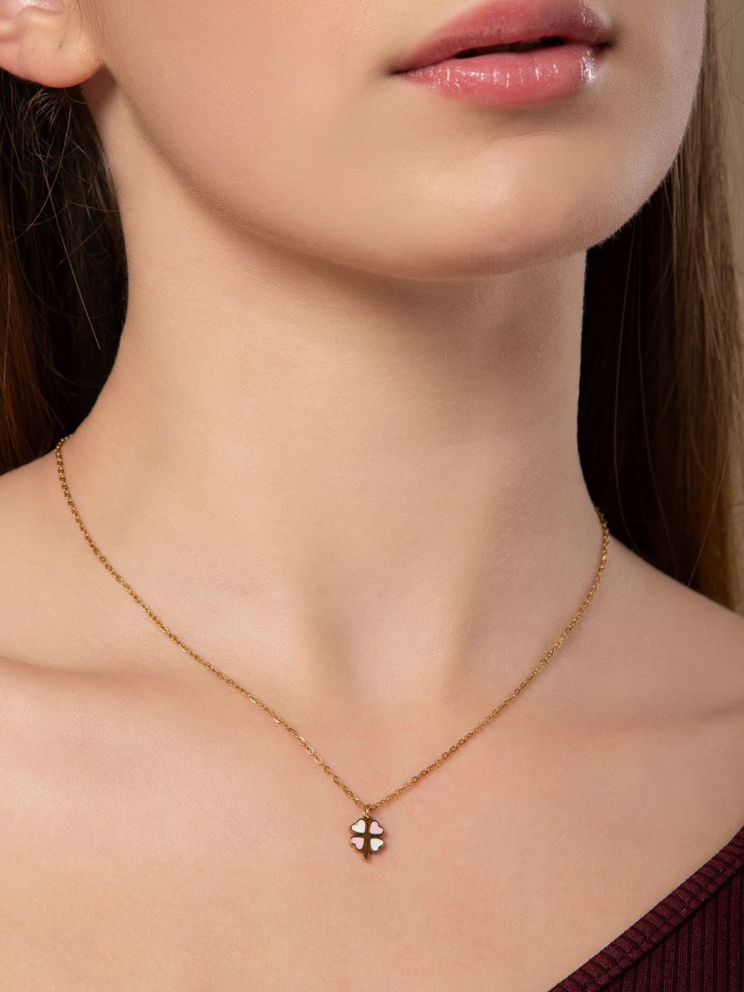 SALTY Pack of 2 Women Pink & White Clover Gold Necklace