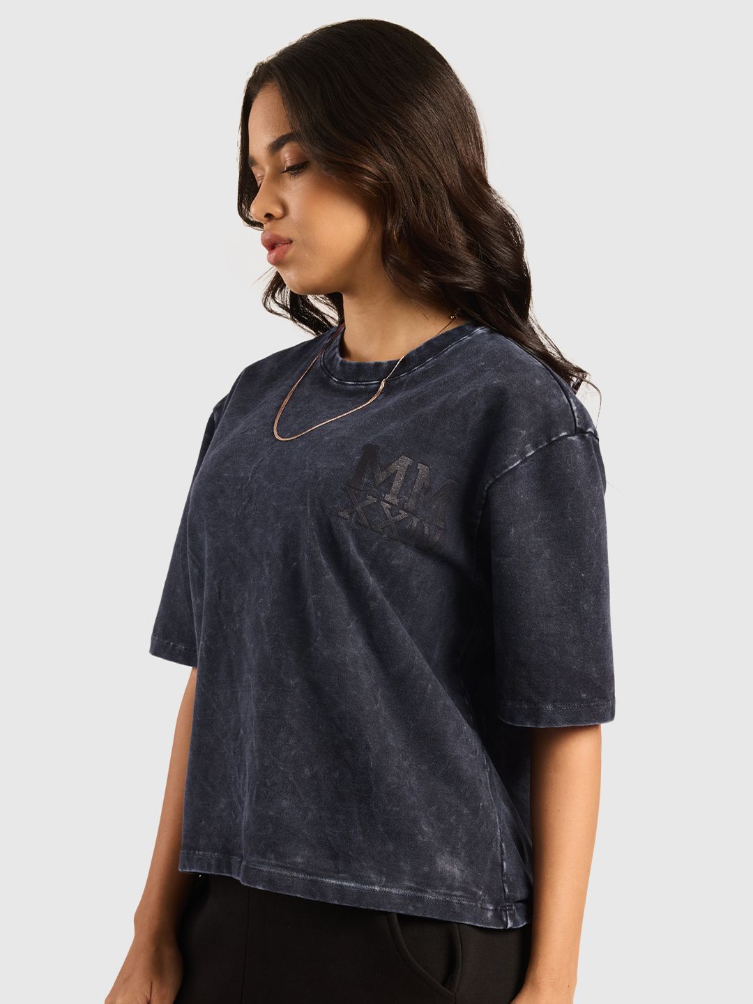 Women Typography Printed Round Neck Cotton Acid Wash Oversized T-shirt