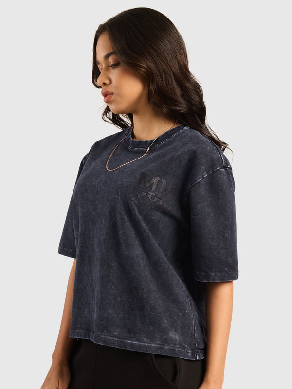 Women Typography Printed Round Neck Cotton Acid Wash Oversized T-shirt