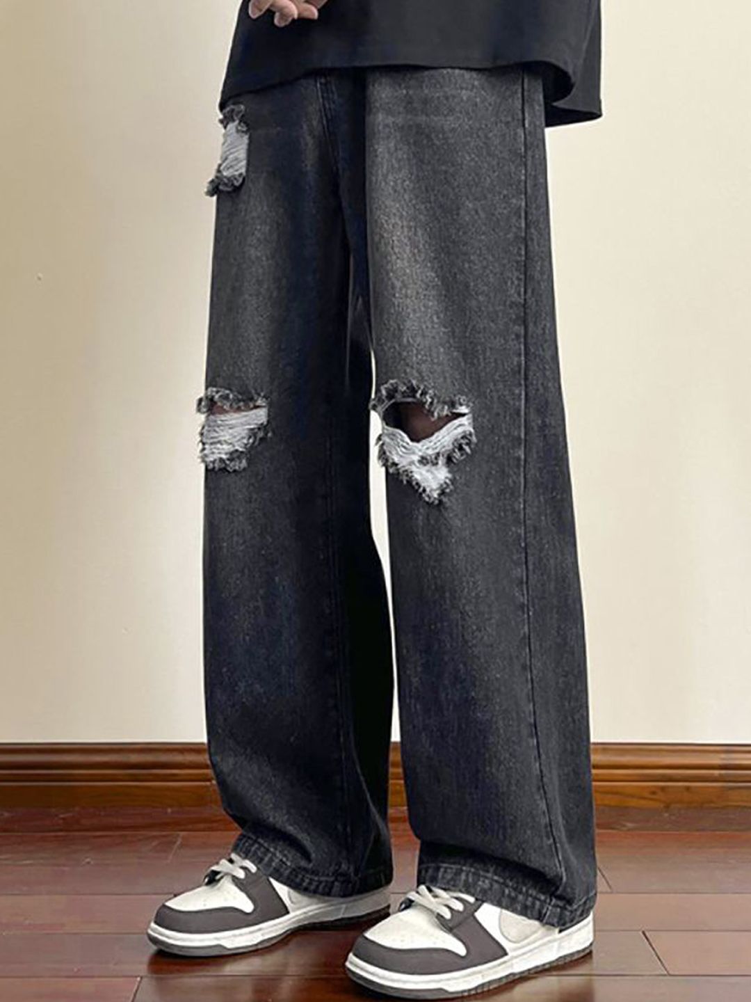 Men Wide Leg Slash Knee Light Fade Jeans