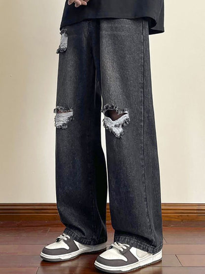 Men Wide Leg Slash Knee Light Fade Jeans