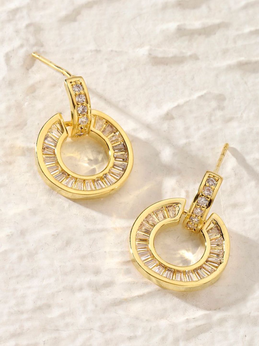 SALTY Gold-Plated Crystals Studded Contemporary Tasselled Half Hoop Earrings