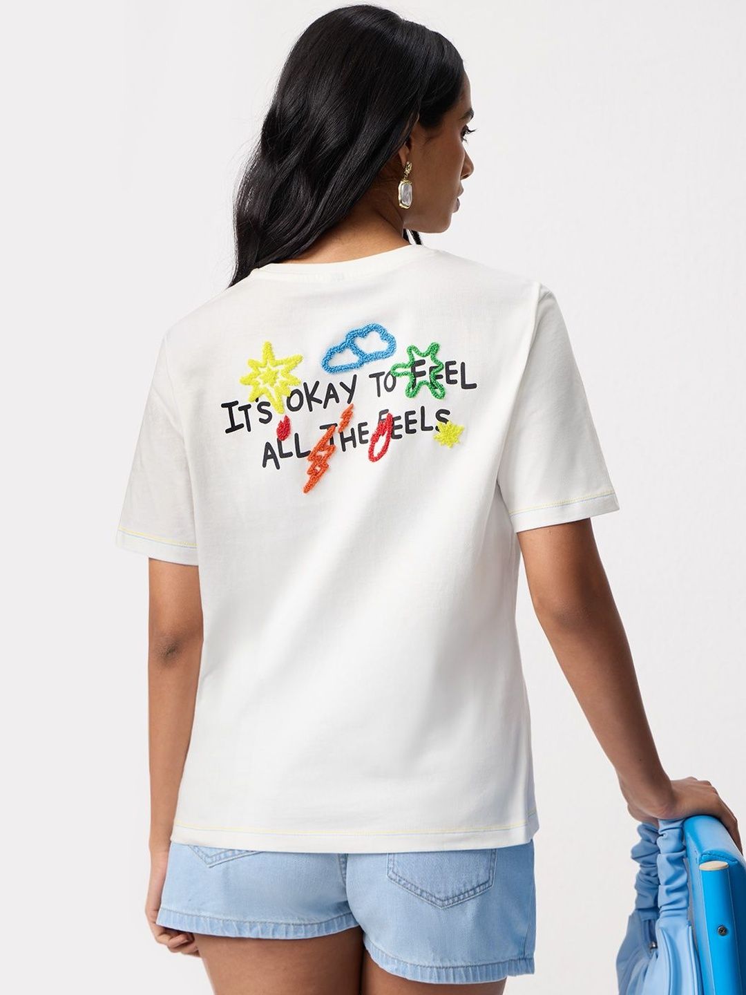 Women Relaxed Fit Inside Out Printed Off White T-Shirts