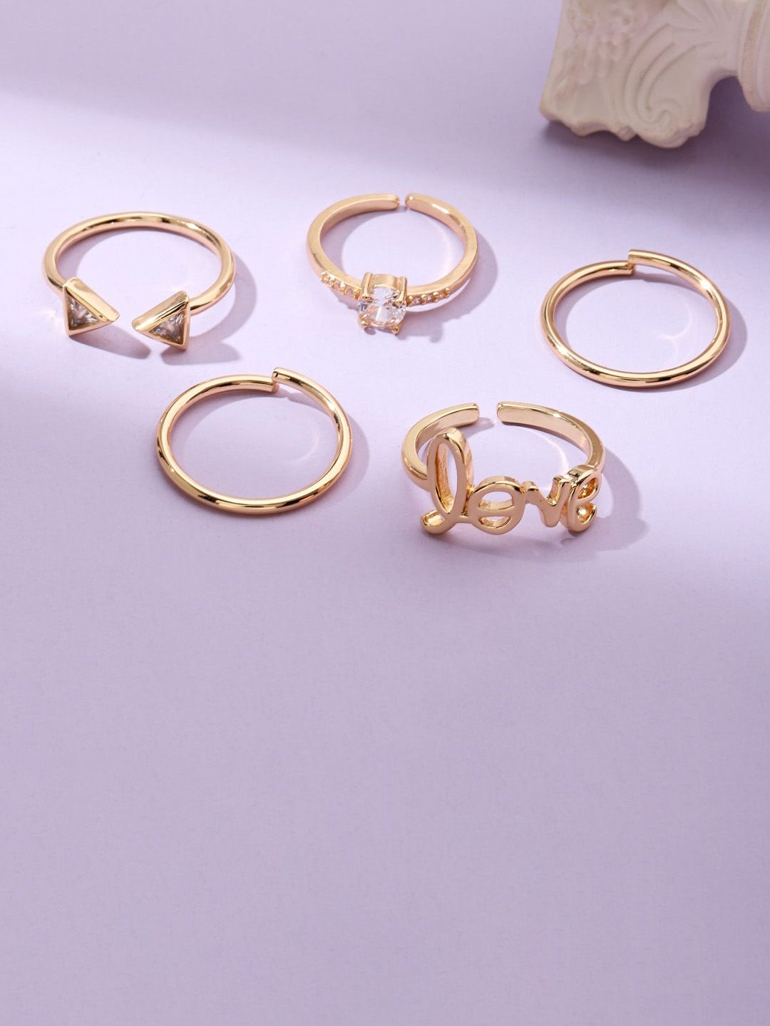 SALTY Set Of 5 Stone Studded Love Detail Alexa Finger Rings