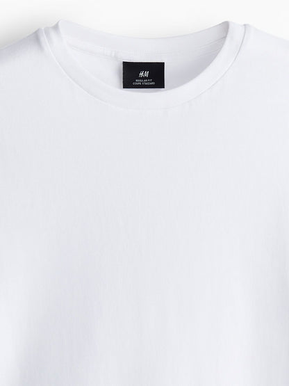 HM Men White Solid Cotton Pure Cotton T-shirt Regular Fit