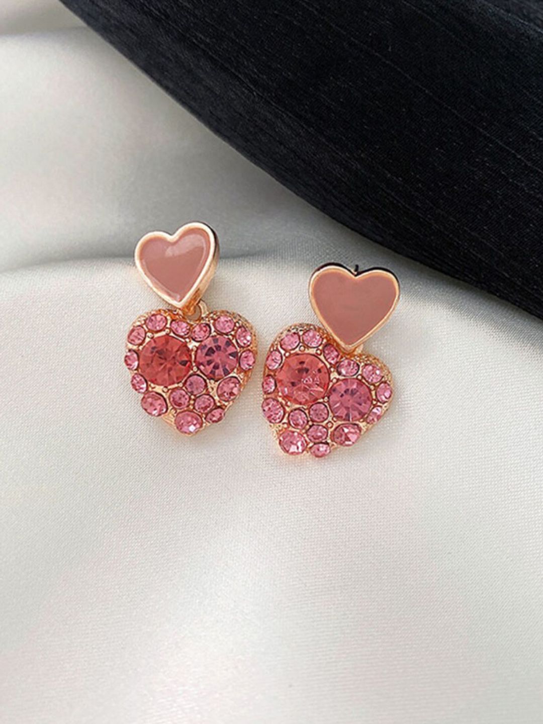 SALTY Contemporary Double Heart Shaped Studded Drop Earrings