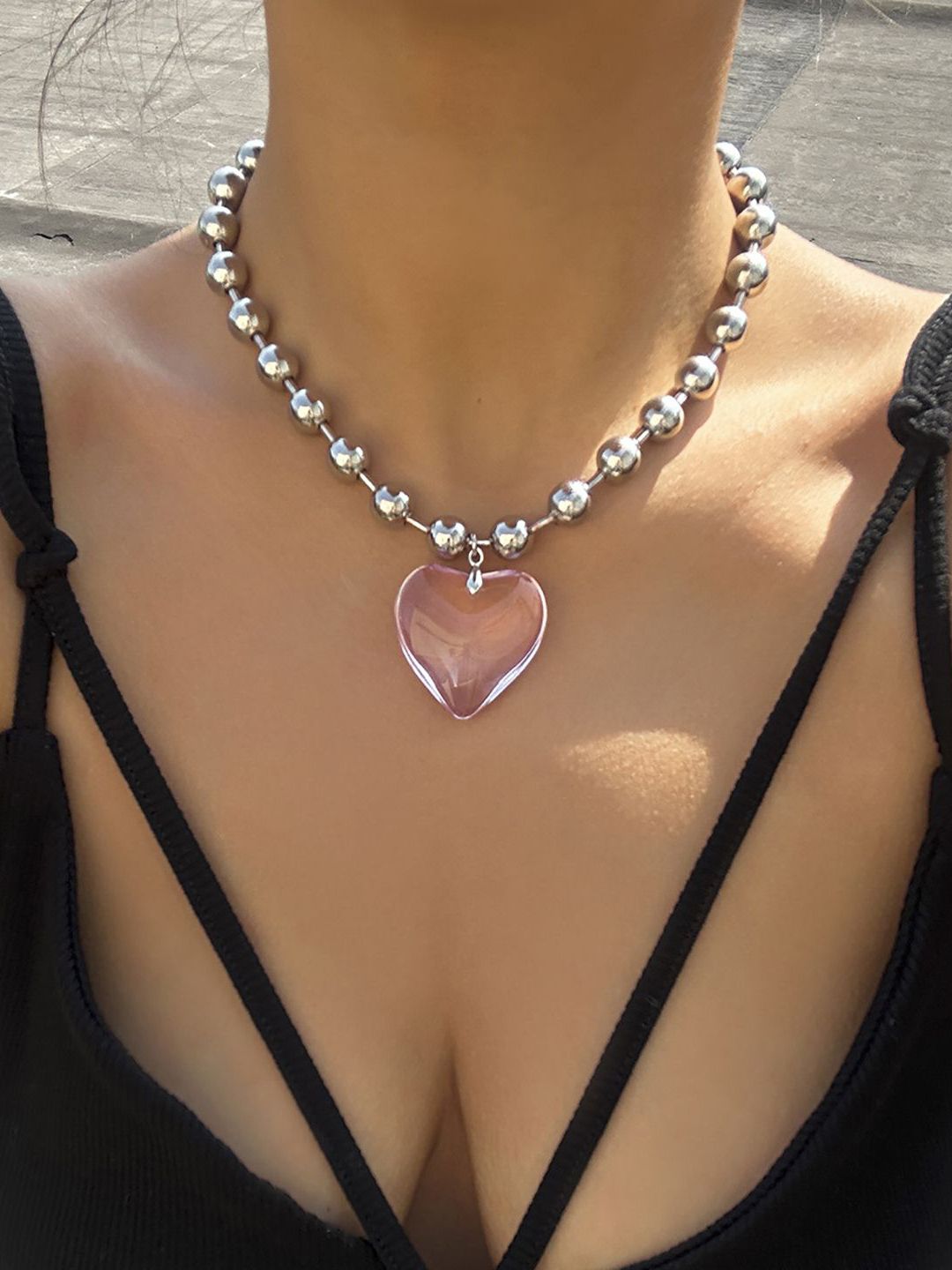 Silver-Plated Beaded Heart Shaped Chain