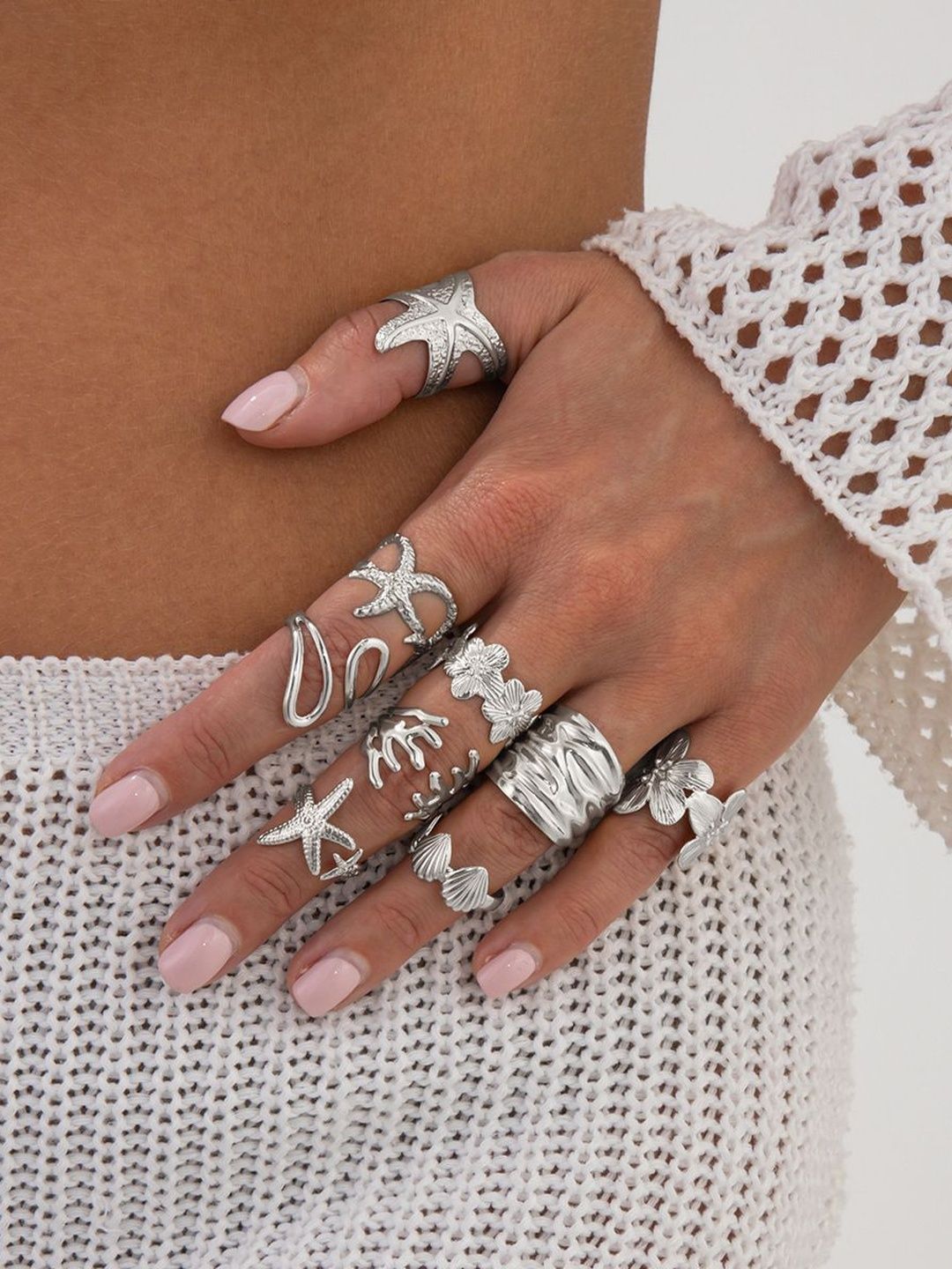 Women Set Of 9 Silver-Plated Adjustable Finger Rings
