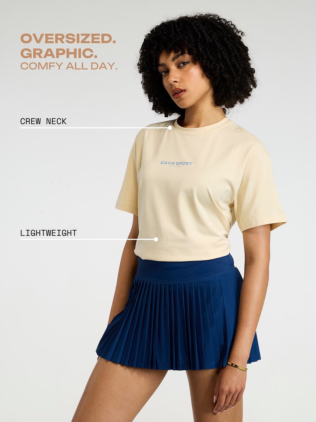 Women Cream Cava Sport Oversized Printed Cotton-Spandex Tee