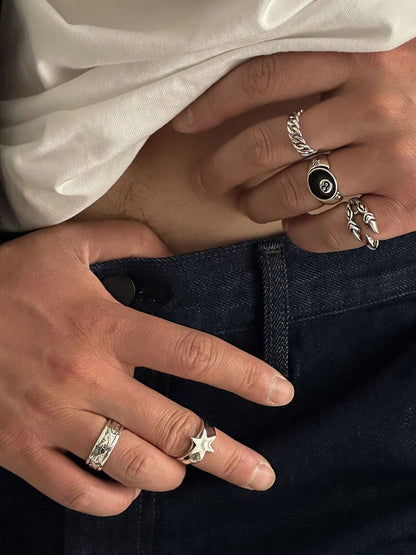 Set Of 5 Sliver-Plated Adjustable Finger Rings
