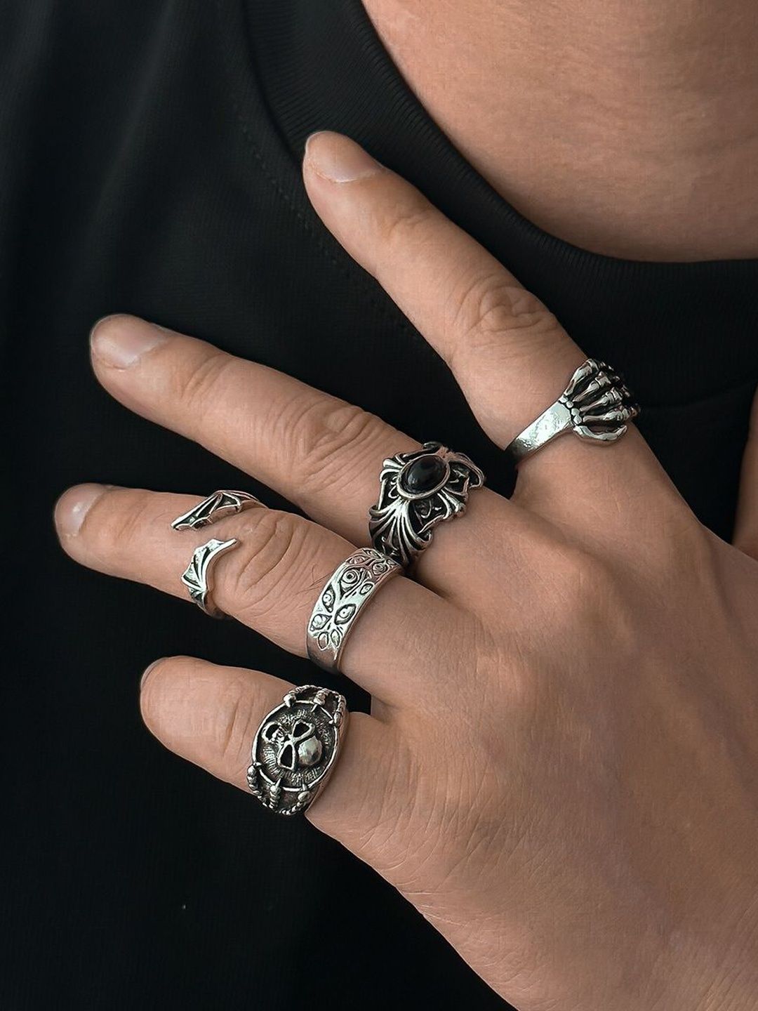 Men Set Of 5 Silver-Plated Finger Rings
