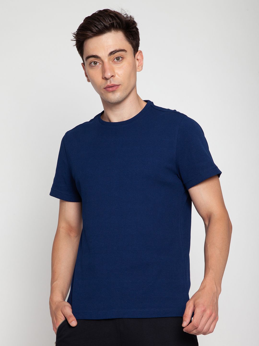 Navy Ribbed Round Neck Tee