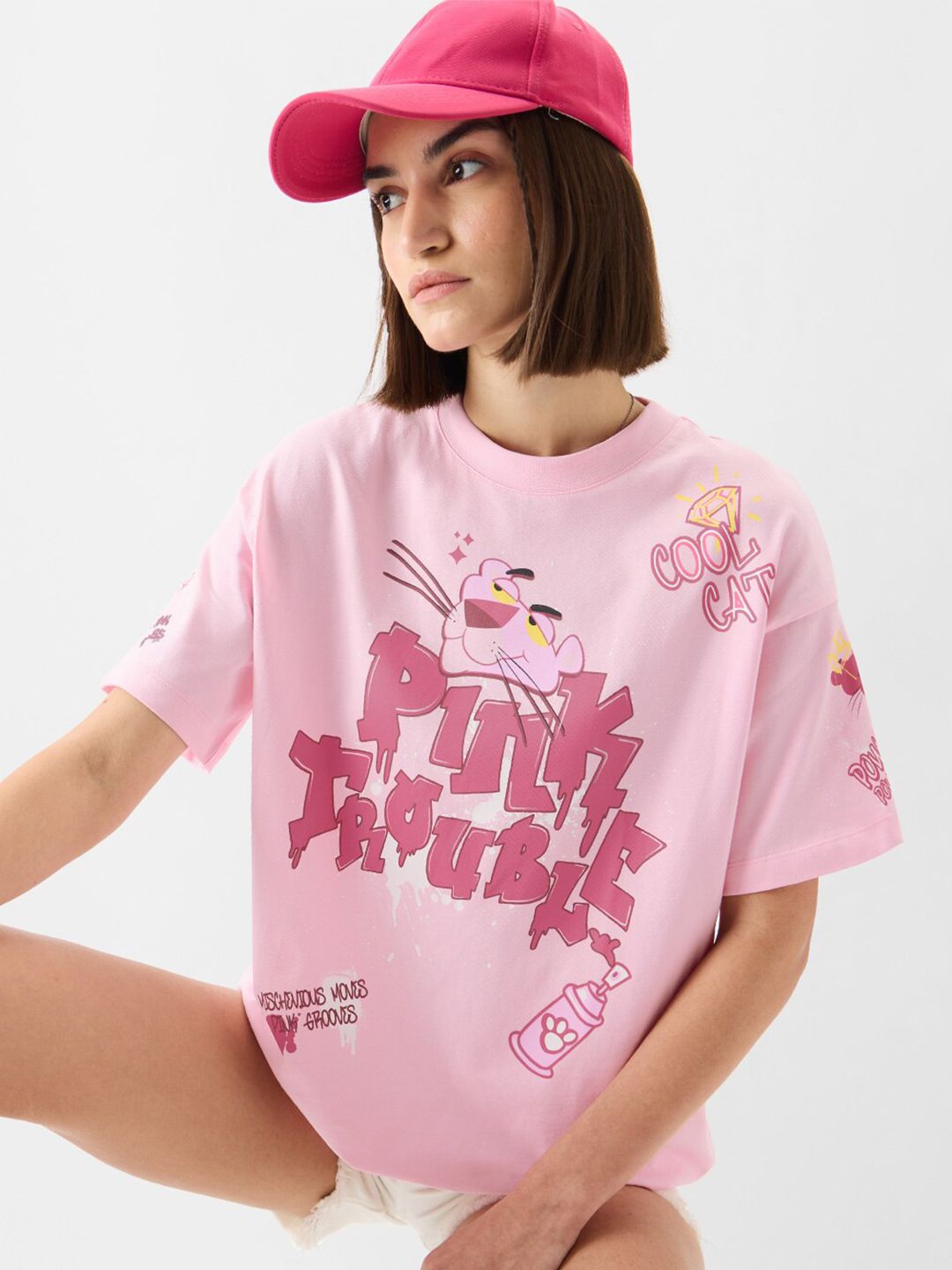 Women Oversized Pink Panther Printed Pink T-Shirts