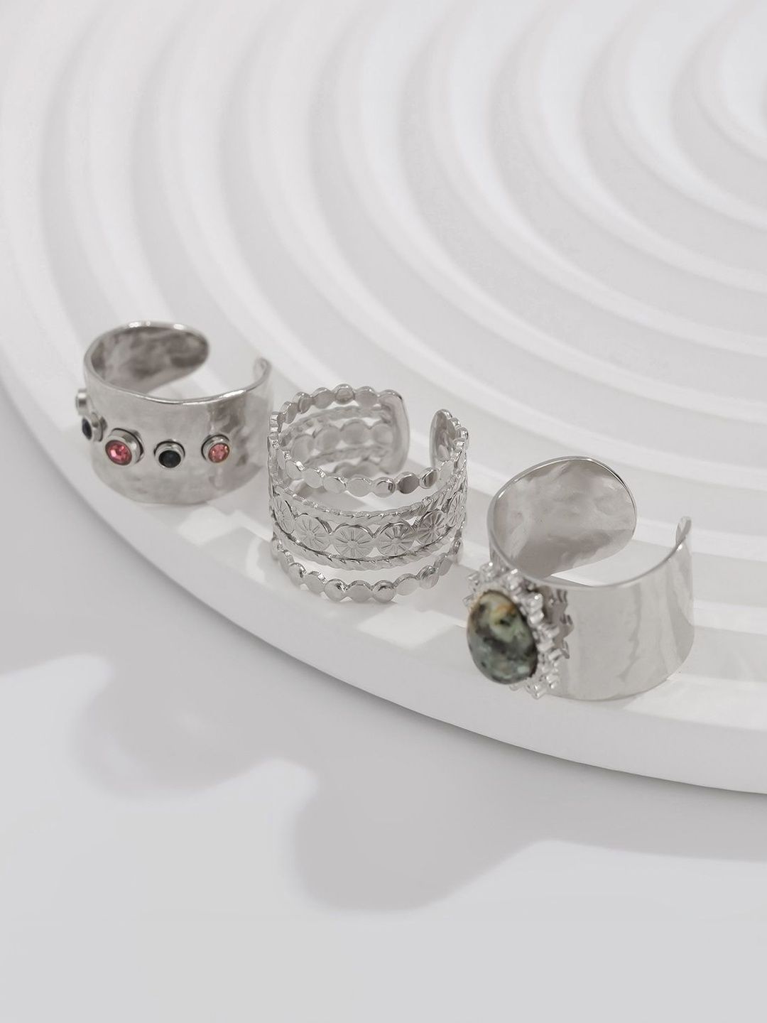 Set of 3 Silver-Plated Stone-Studded Finger Ring
