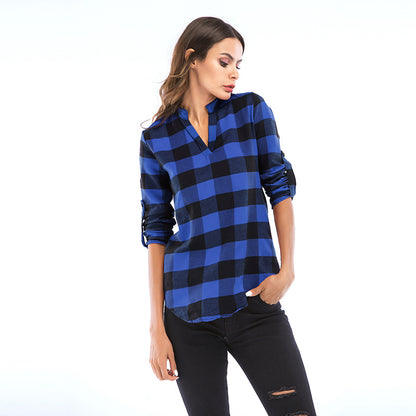 Buffalo Plaid V-Neck Blouse with Roll-Tab Sleeves