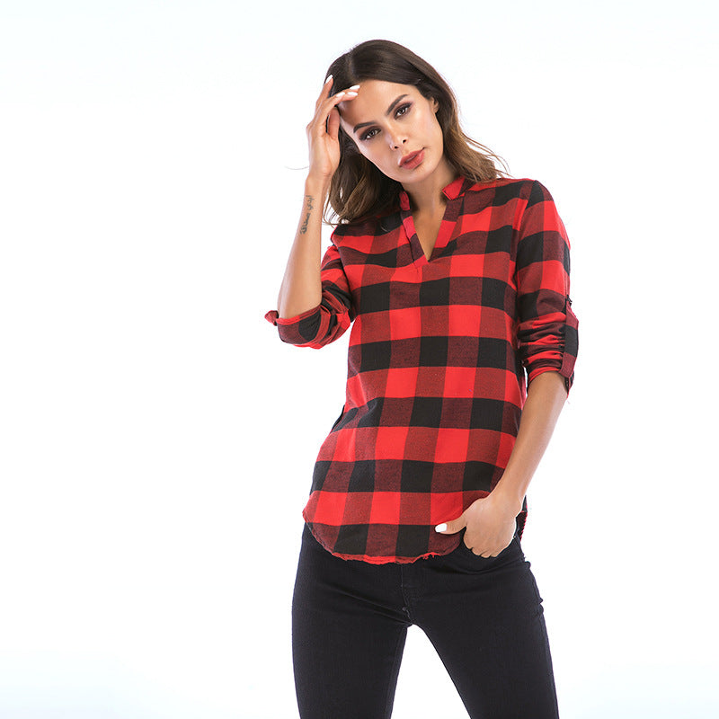 Buffalo Plaid V-Neck Blouse with Roll-Tab Sleeves