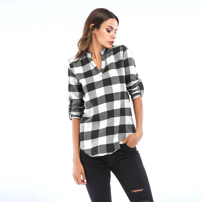 Buffalo Plaid V-Neck Blouse with Roll-Tab Sleeves