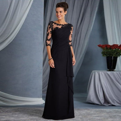 Maxi Dress with Lace Illusion Neckline and 3/4 Sleeves