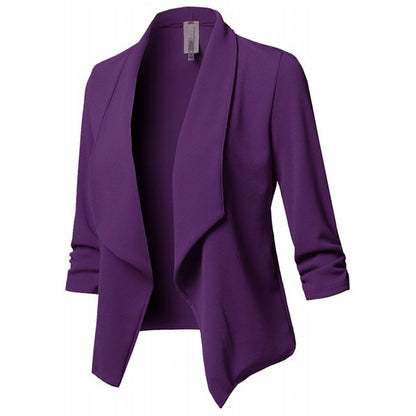 Solid Draped Lapel Blazer with Ruched 3/4 Sleeves