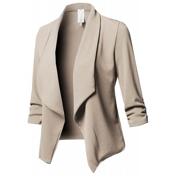 Solid Draped Lapel Blazer with Ruched 3/4 Sleeves