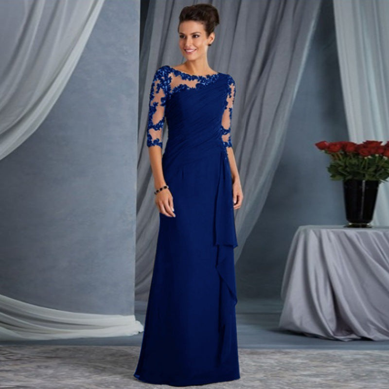 Maxi Dress with Lace Illusion Neckline and 3/4 Sleeves