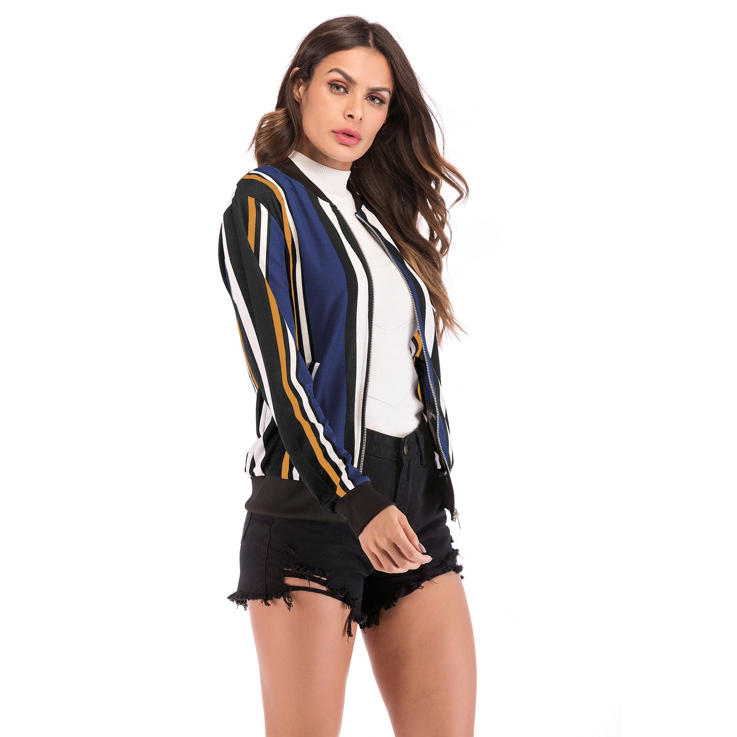 Flying Crane Print Baseball Jacket with Zip Front