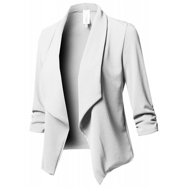 Solid Draped Lapel Blazer with Ruched 3/4 Sleeves