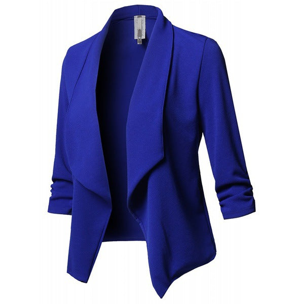 Solid Draped Lapel Blazer with Ruched 3/4 Sleeves