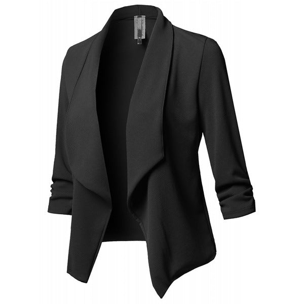 Solid Draped Lapel Blazer with Ruched 3/4 Sleeves